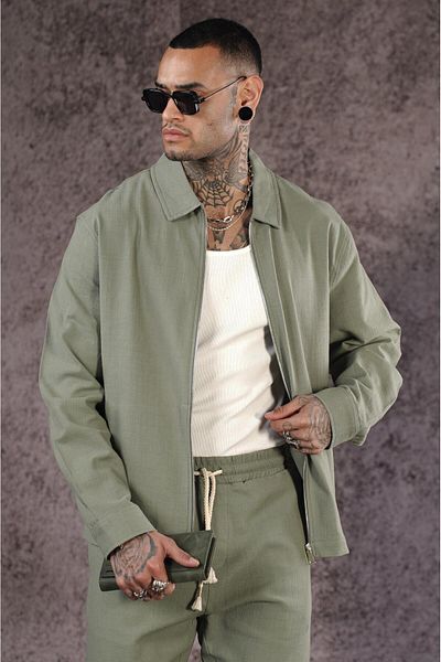 king brich Shirt Collar Zippered Linen Bottom Top Set