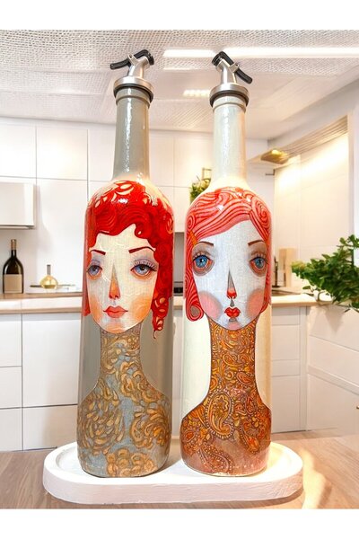 Mes Reves Handmade Red Haired Woman Patterned Vintage Glass Bottle Oil Pot Set, Decorative Kitchen & Tableware Products