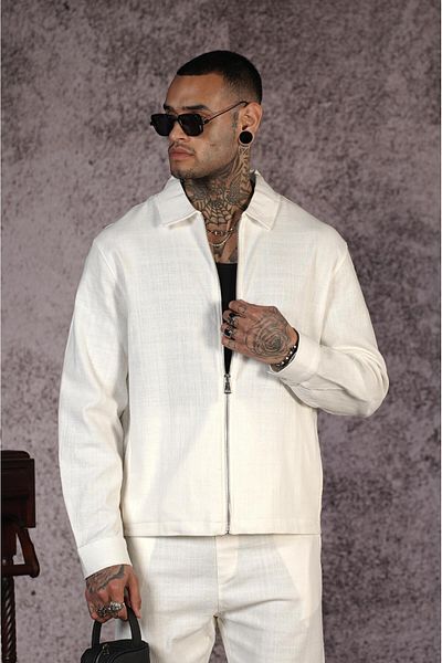 king brich Shirt Collar Zippered Linen Bottom Top Set