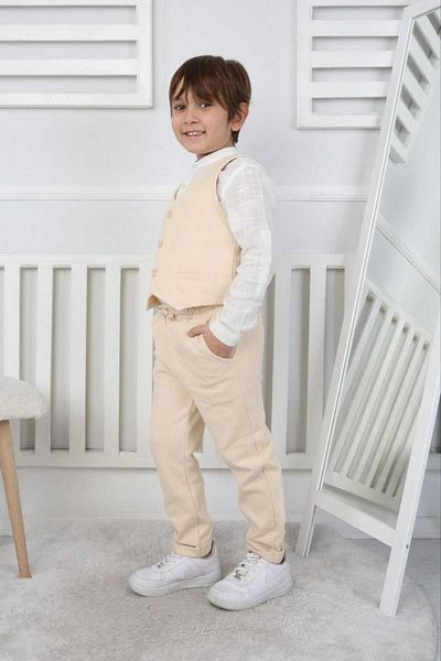 Hzmis Men's Beige Color Trousers Vest Suit