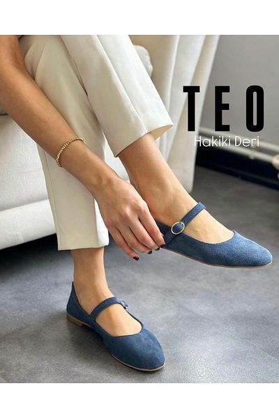 Zuum Balerini pentru femei Teo 100% piele naturală și piele de căprioară Mary Jane - piele de căprioară albastră