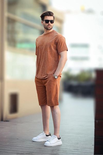 Madmext Καφέ Basic Ανδρικό Σορτς T-shirt Σετ E7309