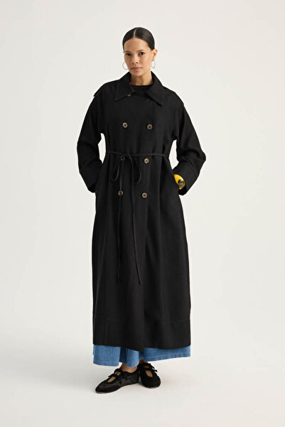 ZÜLAYS Apoletli Kruvaze Trençkot Siyah