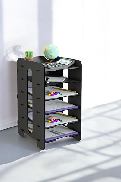 Evene Dosya Düzenleyici Masa Üstü Organizer Ahşap Evrak Rafı Siyah Renk Model 16