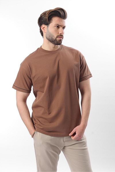 Madmext Ανδρικό μπλουζάκι Brown Crew Neck Shepherd's Stitched Overfit E7103