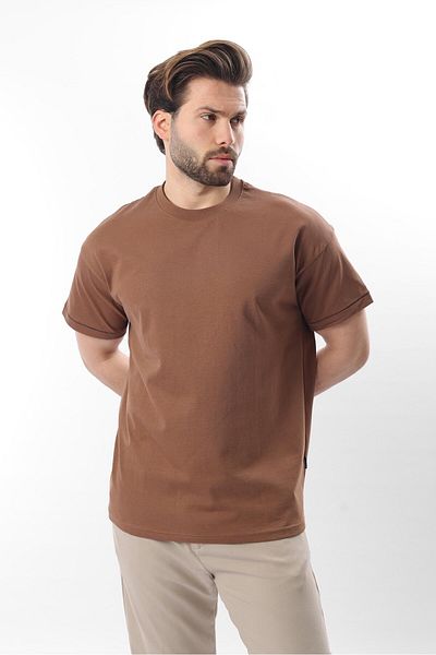Madmext Ανδρικό μπλουζάκι Brown Crew Neck Shepherd's Stitched Overfit E7103