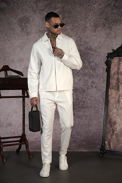 king brich Shirt Collar Zippered Linen Bottom Top Set