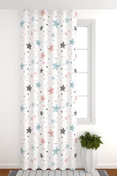 ZÜPER TEKSTİL Güneşlik Perde Fon Perde Renkli Yıldızlar ve Minik Kalpler Çocu...