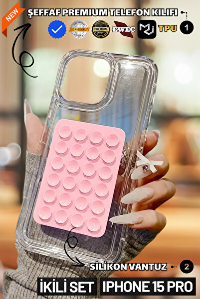 EWEC Set of Two | Transparent Premium Phone Case and Phone Holder Silicone Suction Cup Compatible with iPhone 15 Pro