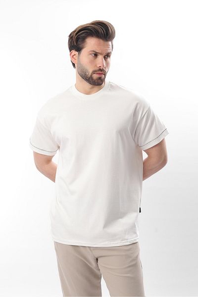 Madmext Ecru Crew Neck Shepherd Stitched Overfit Men's T-Shirt E7103