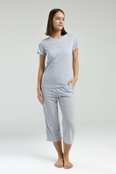 Pierre Cardin Set Capri pentru damă, Capri cu dungi și buzunare, tricou cu pantaloni scurti cu nasturi