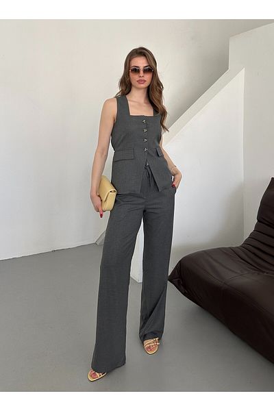 Laluvia Anthracite Square Collar Vest Trousers Set - 51102