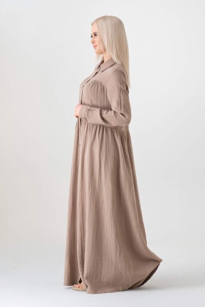 Fashion Showcase Muslin Fabric Front Buttoned 100% Natural Cotton Fabric Summer Long Hijab Dress - Mink