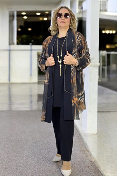 yagmurberen Unlined Stone-Embroidered Shawl Collar Jacket Buzzy Bluz Waist Elastic Fabric Pants Large Size 3-Piece Set