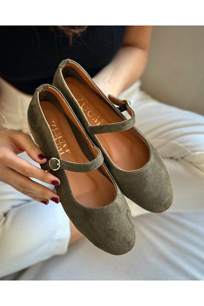 Zuum Balerini pentru femei Teo 100% piele naturală și piele de căprioară Mary Jane - piele de căprioară kaki