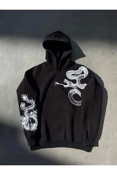 arswear Суитшърт с качулка и щампа Yonca Moda с дълъг ръкав - черен