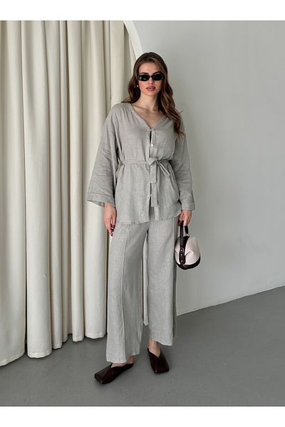 Laluvia Gray 100% Cotton Belted Shirt-Pants Set - 034