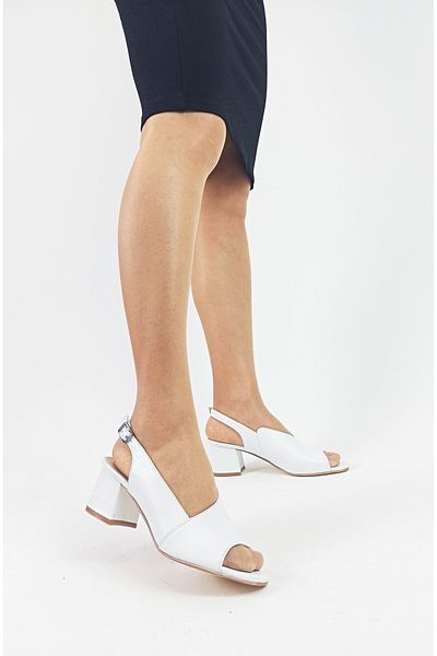 GDT Ayakkabı Genuine Leather White Color Thick Heel Banded Women's Heeled Sandals