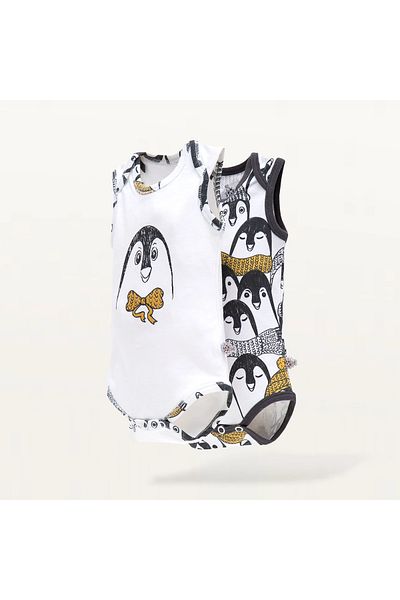 Ecocotton Pingu بدلة أطفال مكونة من قطعتين بدون أكمام 100% قطن عضوي ممشط مطبوع باللون الأبيض-أنثراسيت