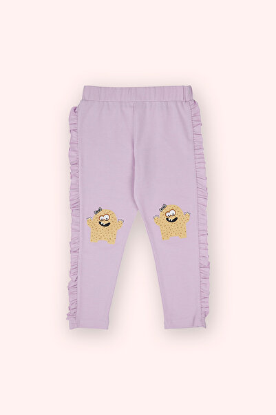 Panço Kız Bebek Beli Lastikli Kenarı Fırfırlı Baskı Detaylı Mor Tayt