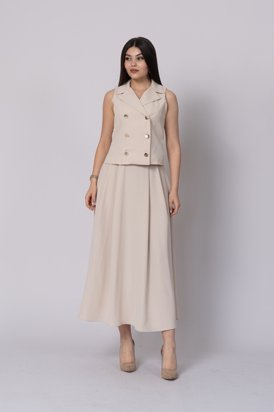 MissVina Trend Model Lined Buttoned Vest & Belted Long Skirt Set 1205