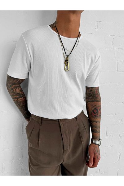 ablukaonline Ανδρικό μπλουζάκι με λεπτή εφαρμογή Corduroy Basic Stretchy Λευκό