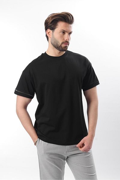 Madmext Ανδρικό μπλουζάκι Black Crew Neck Shepherd Stitched Overfit E7103