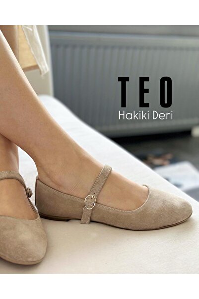 Zuum حذاء باليرينا نسائي من Teo مصنوع من الجلد الطبيعي بنسبة 100% وجلد الغزال ماركة Mary Jane - جلد سويدي بيج