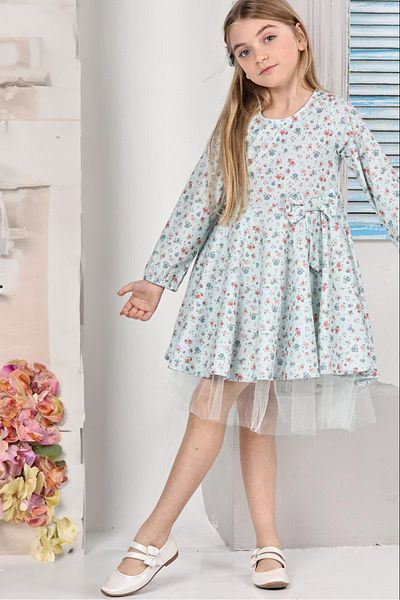 ANGELOS GIRLS Girl's Flared Dress with Floral Pattern and Tulle Hem 12178