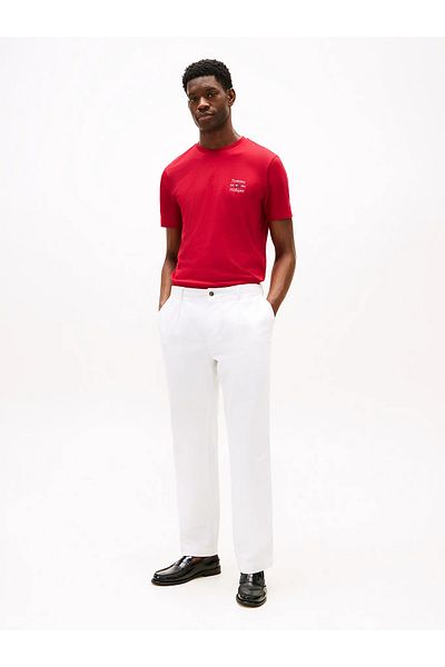 Tommy Hilfiger Men's English T-Shirt - Cotton, Round Neck, Red, Chest Logo, Short Sleeves
