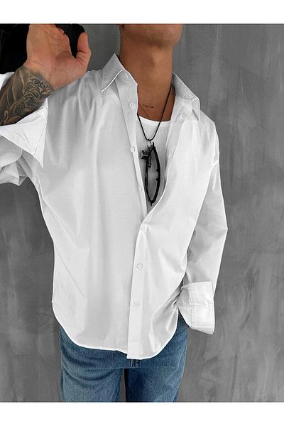 ablukaonline Ανδρικό μακρυμάνικο βασικό πουκάμισο Oversize Λευκό