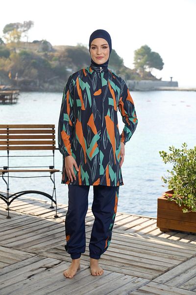 Estiva   Women's Full Covered Zippered Geometric Patterned Hijab Swimsuit Navy Blue