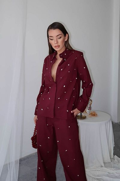 XHAN Claret Red Stone Embroidered Shirt 6Yxk2-49102-05
