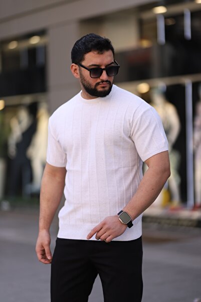 Cosy&Chic Мъжка бяла плетена тениска с кръгло деколте