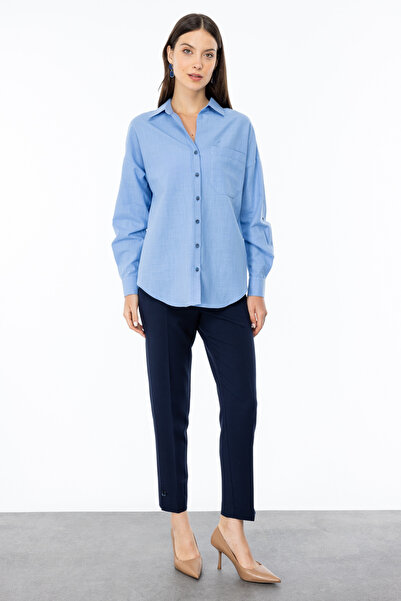 Ekol Oversize Gömlek Yaka 3/4 Kol Kadın Bluz - Minimalist Tarz
