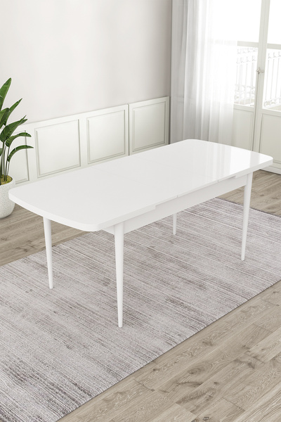 Canisa Roz Serisi 80x132 Mdf Açılabilir Beyaz Mutfak Masası Takımı 6 Gold Halkalı Mürdüm Sandalye