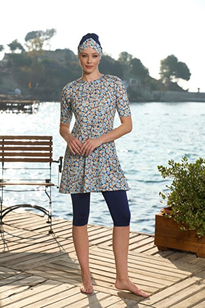 Estiva   Women's Bonnet Half Sleeve Digital Patterned Tights Swimsuit Navy Blue