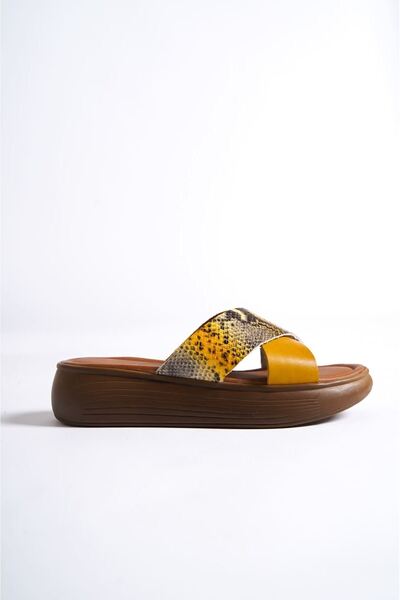ripuvainen Women's Genuine Leather Slippers - Mustard/Snake D.