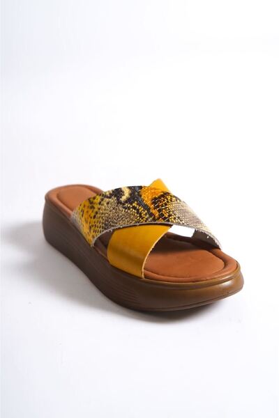 ripuvainen Women's Genuine Leather Slippers - Mustard/Snake D.