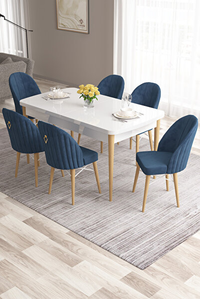 Canisa Roz Serisi 80x132 Mdf Açılabilir Beyaz Masa Ahşap Ayak Masa Takımı 6 Lacivert Sandalye
