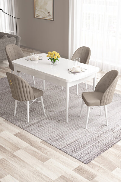 Canisa Roz Serisi 80x132 Mdf Açılabilir Beyaz Masa Takımı 4 Cappucino Sandalye