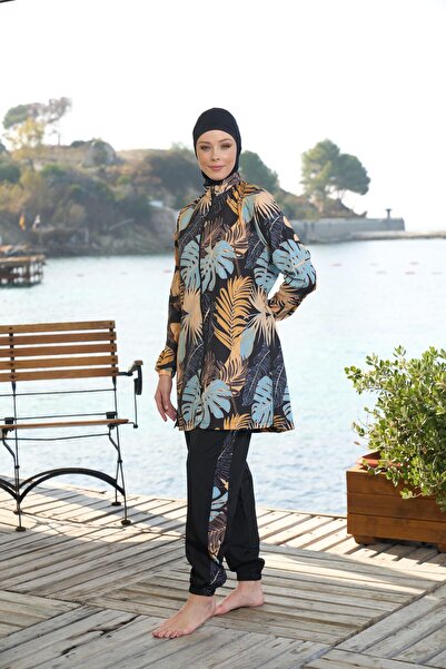 Estiva Γυναικείο μαγιό με φερμουάρ με σχέδιο παλάμης, μαύρο