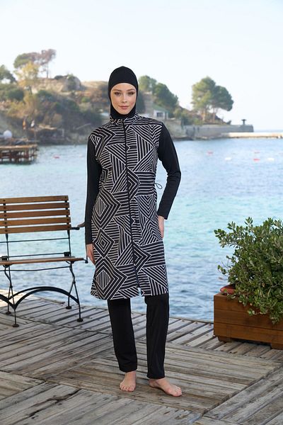 Estiva   Women's Full Covered Zippered Stripe Patterned Hijab Swimsuit Black