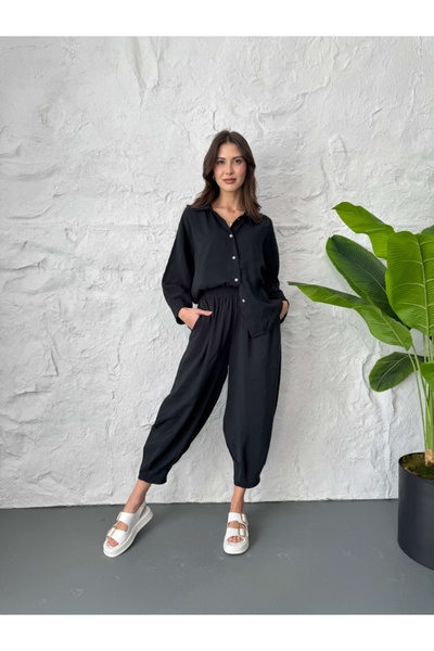 Elif Özbey Butik طقم بنطلون قميص أسود ناعم الملمس