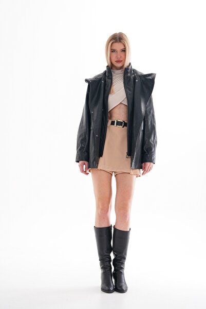 Metins Leather Kadın Kapüşonlu Deri Mont