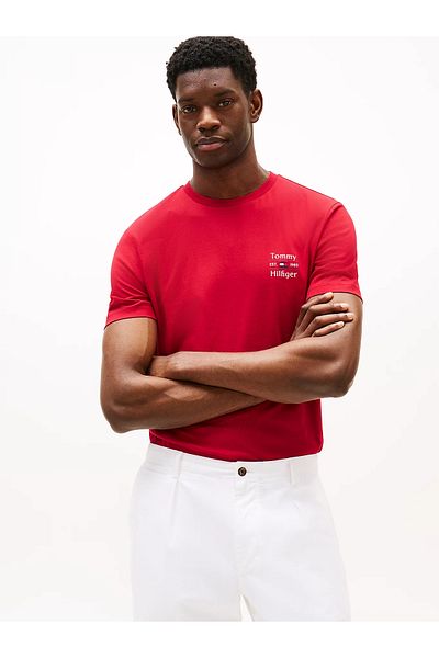 Tommy Hilfiger Men's English T-Shirt - Cotton, Round Neck, Red, Chest Logo, Short Sleeves