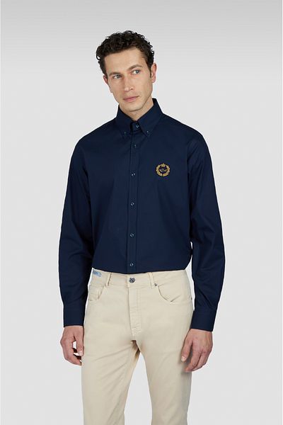 PAUL&SHARK Men's 100% Cotton Regular Fit Long Sleeve Navy Blue Shirt with Embroidered Shark Logo on the Chest 25413535 -01