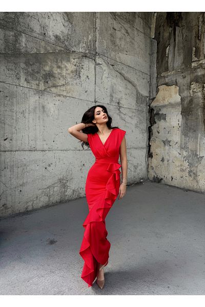 Mekafashion Rochie de seară cu fante cu volane Berlin 582843   ROSU