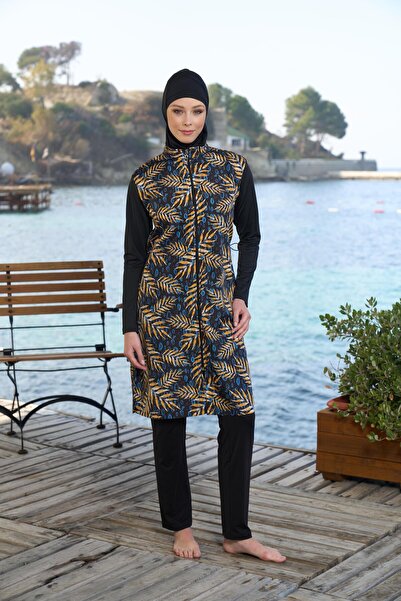 Estiva   Women's Full Covered Zippered Leaf Patterned Hijab Swimsuit Black