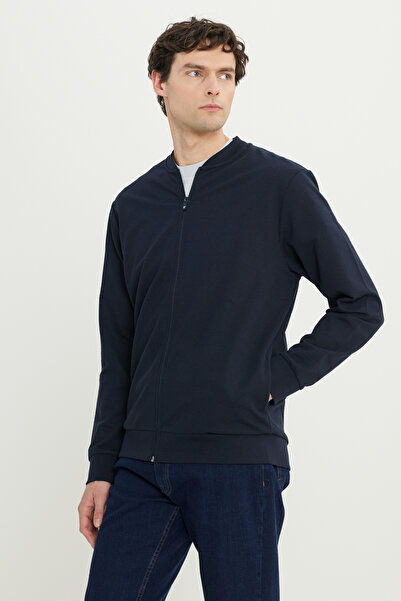 AC&Co / Altınyıldız Classics Erkek Lacivert Pamuklu Standart Fit Normal Kesim Kolej Yaka Yan Cep Sweatshirt Ceket